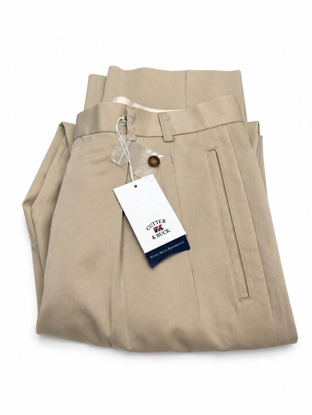 Cutter & Buck Dress Pants 38T NWT Beige Double Pleated Tall Unfinished Hem